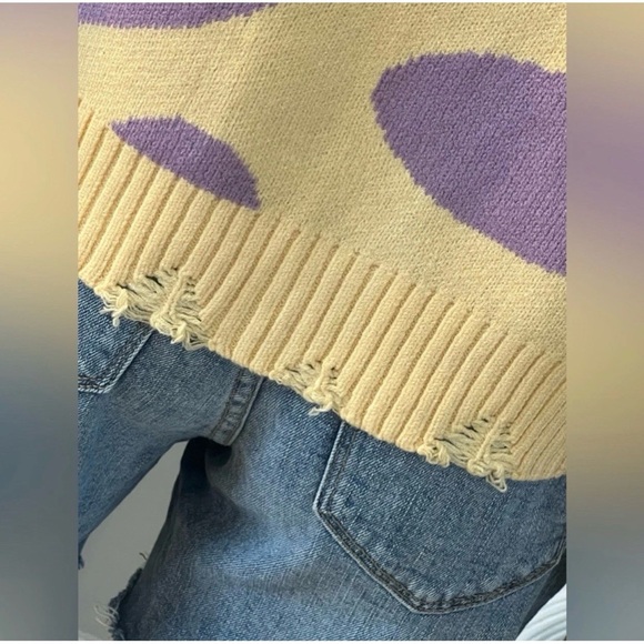 BAILEY ROSE yellow purple smiley face distressed v neck sweater size SMALL - Picture 4 of 5